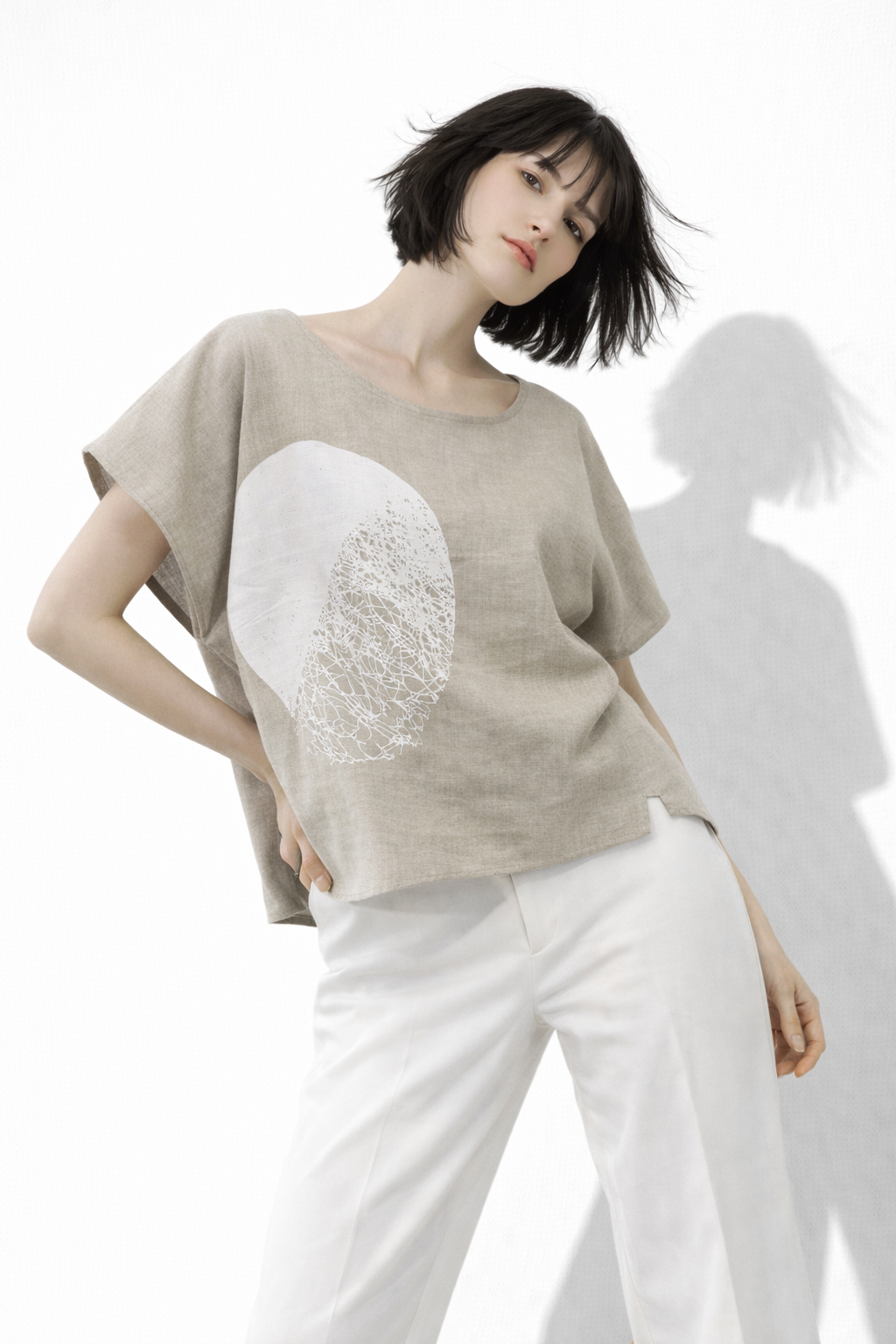 Top Beige White Print